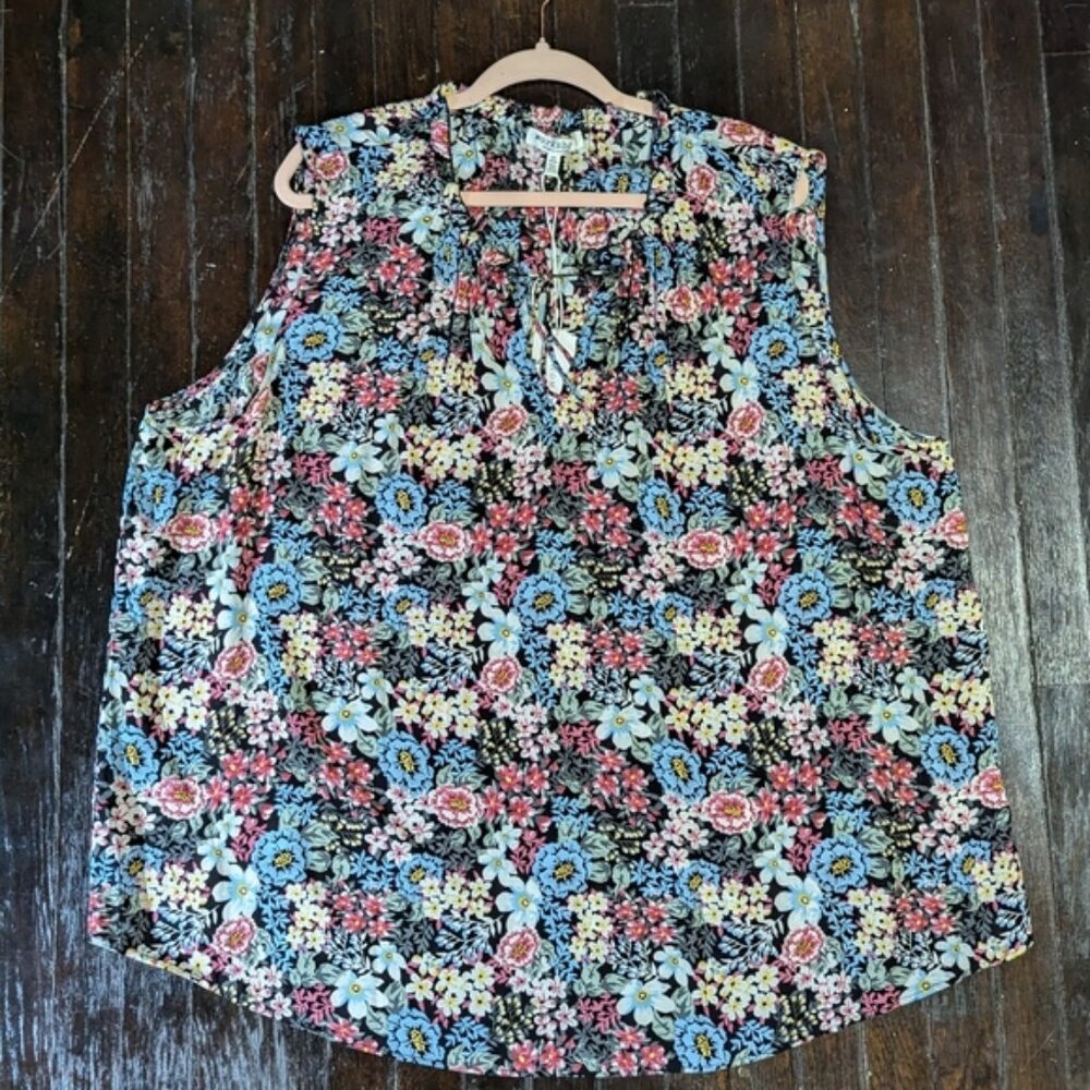 Workshop Republic Clothing Black Colorful Floral Front Tie V-Neck Tank T…